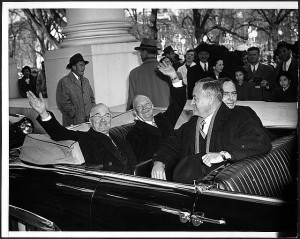 With smiles and a wave, President Harry Truman and his successor, Dwight D. Eisenhower, leave White House in an open car on way to Capitol for inauguration ceremonies. Image: Library of Congress (http://memory.loc.gov/ammem/pihtml/pi049.html)